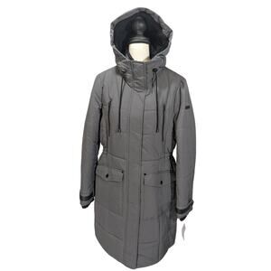 Lucky Brand Gunmetal Long Puffer Coat Faux Fur Hood Women’s Large NWT